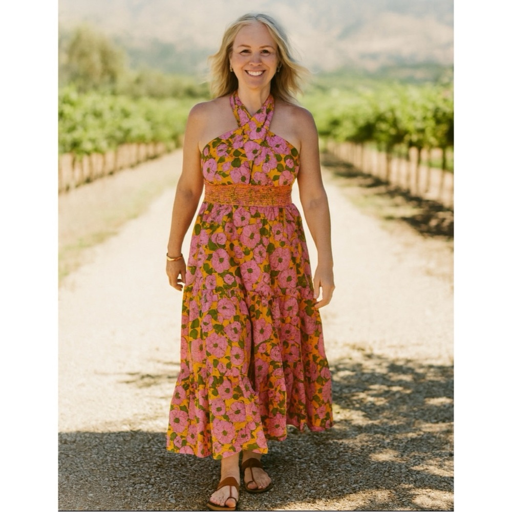 Flora Bea Frasier Floral Maxi Dress XL Orange Pink Long Halter Tiered Sundress